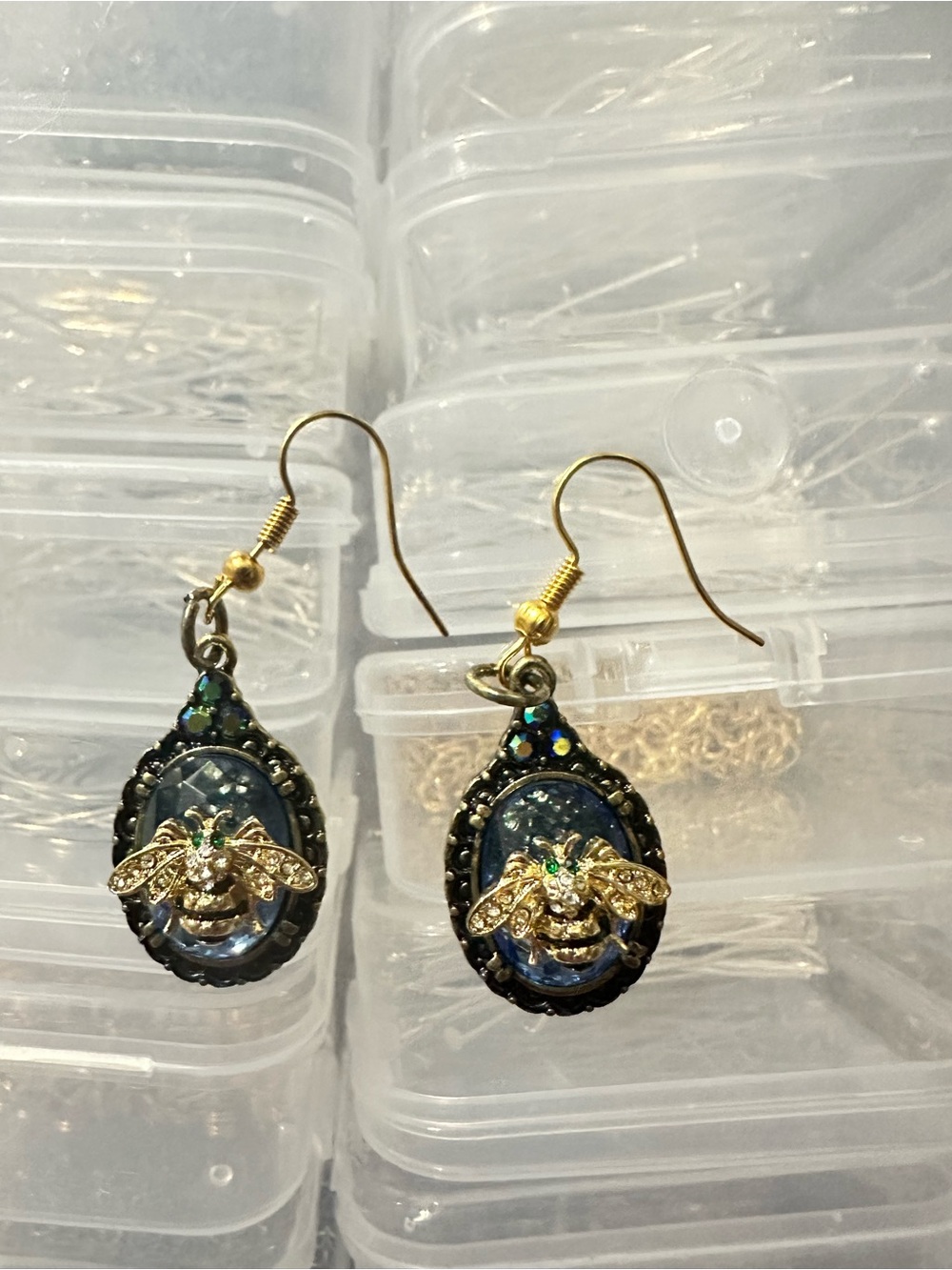 Gold Bee Teardrop Earrings with Blue Accents - Women Jewelry